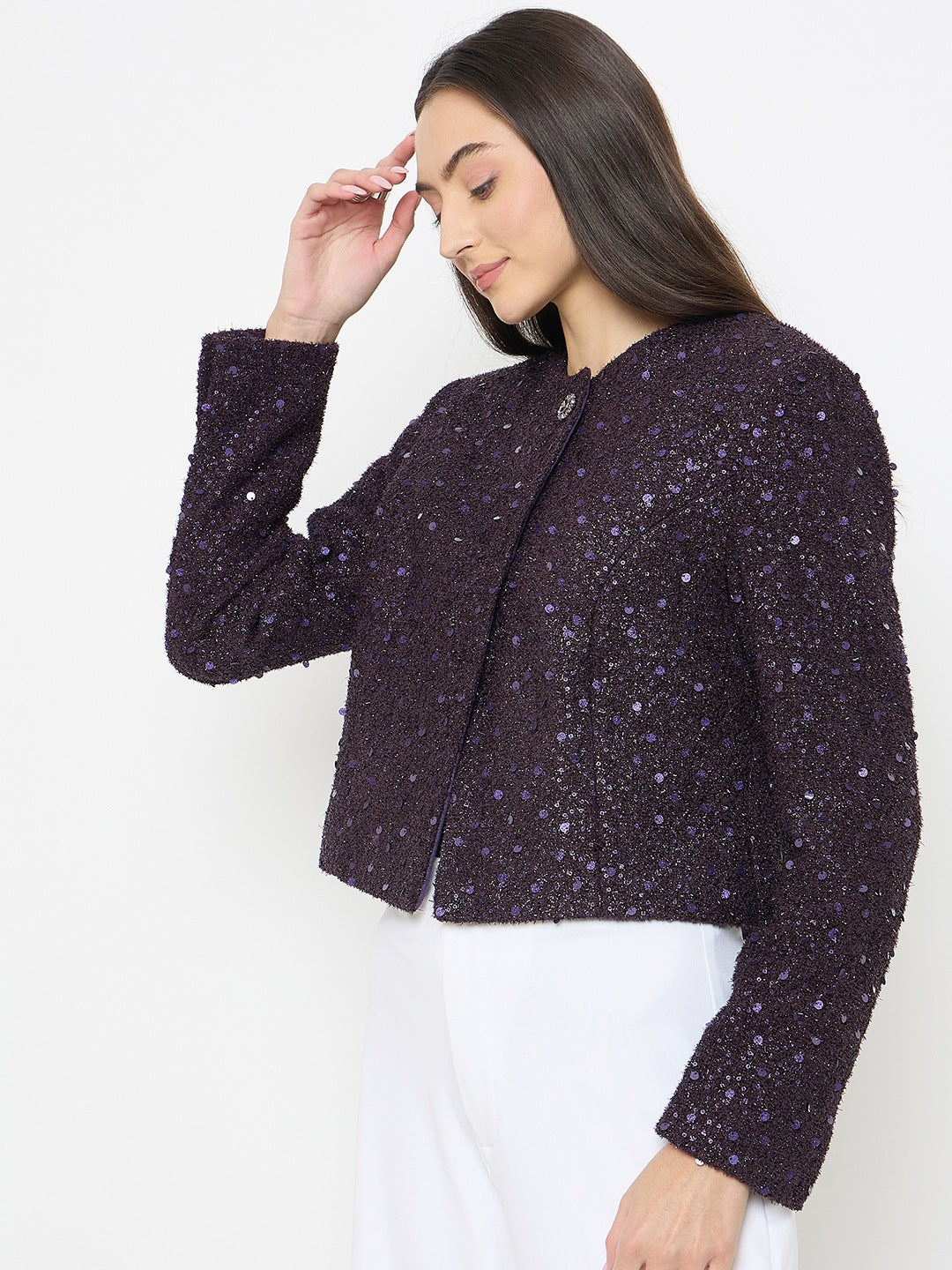 Madame Round Neck Tweed Dark Purple Blazer