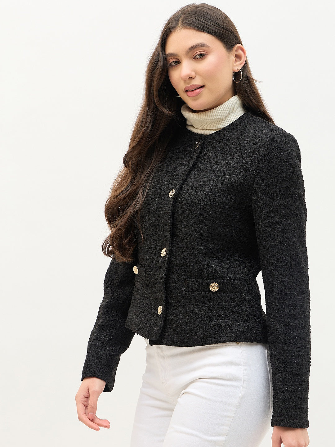 Madame Round Neck Black Textured Short Coat