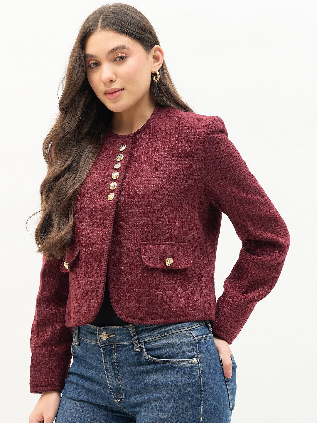 Madame Round Neck Embellished Maroon Blazer