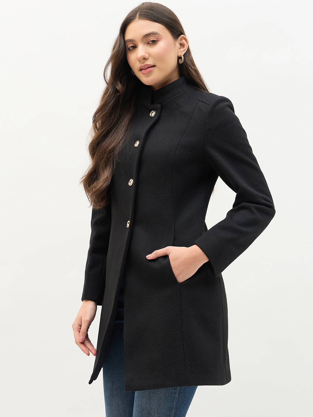 Madame Round Neck Embellished Black Long Coat