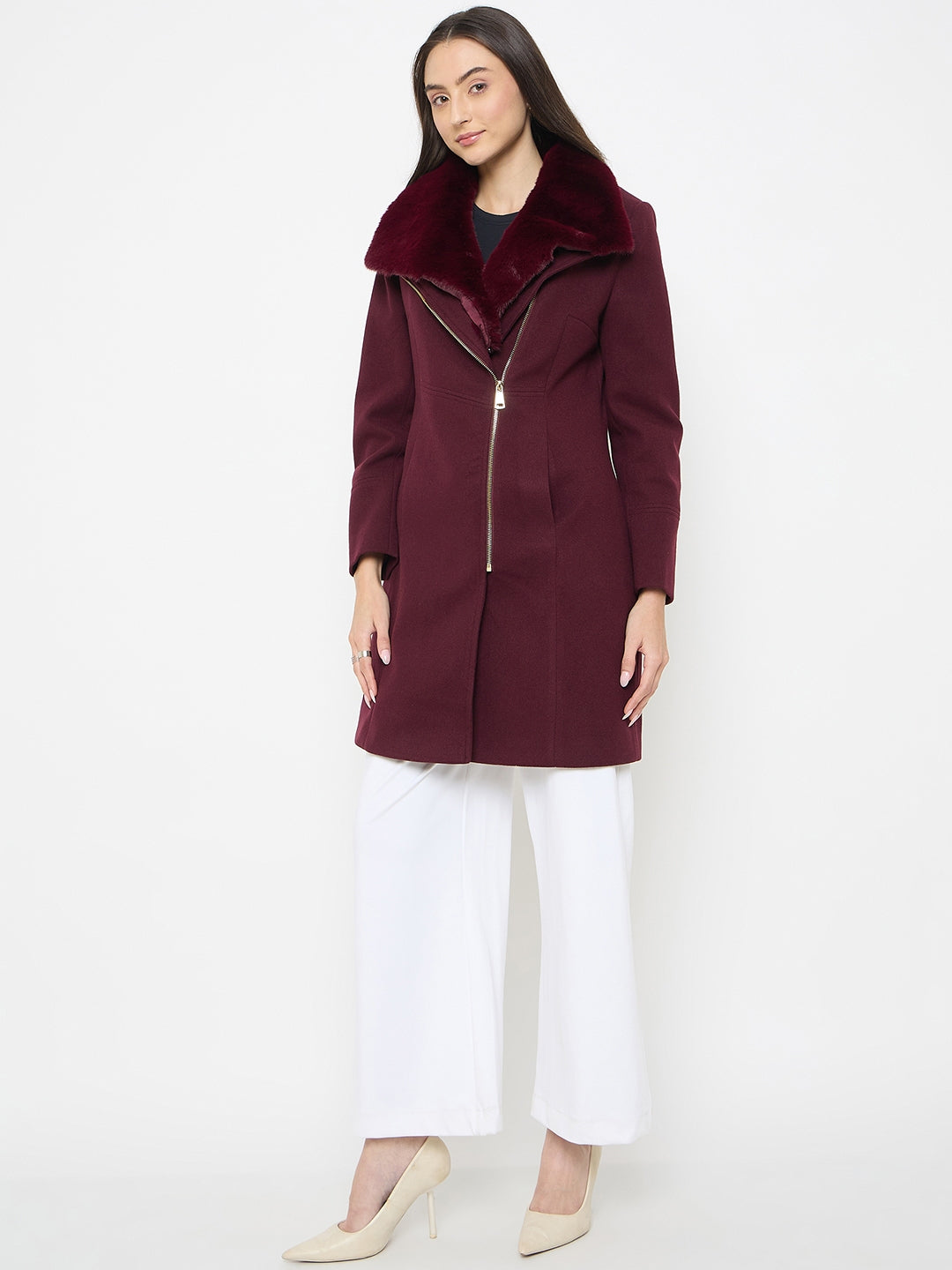 Madame Faux Fur Neckline Maroon Long Coat