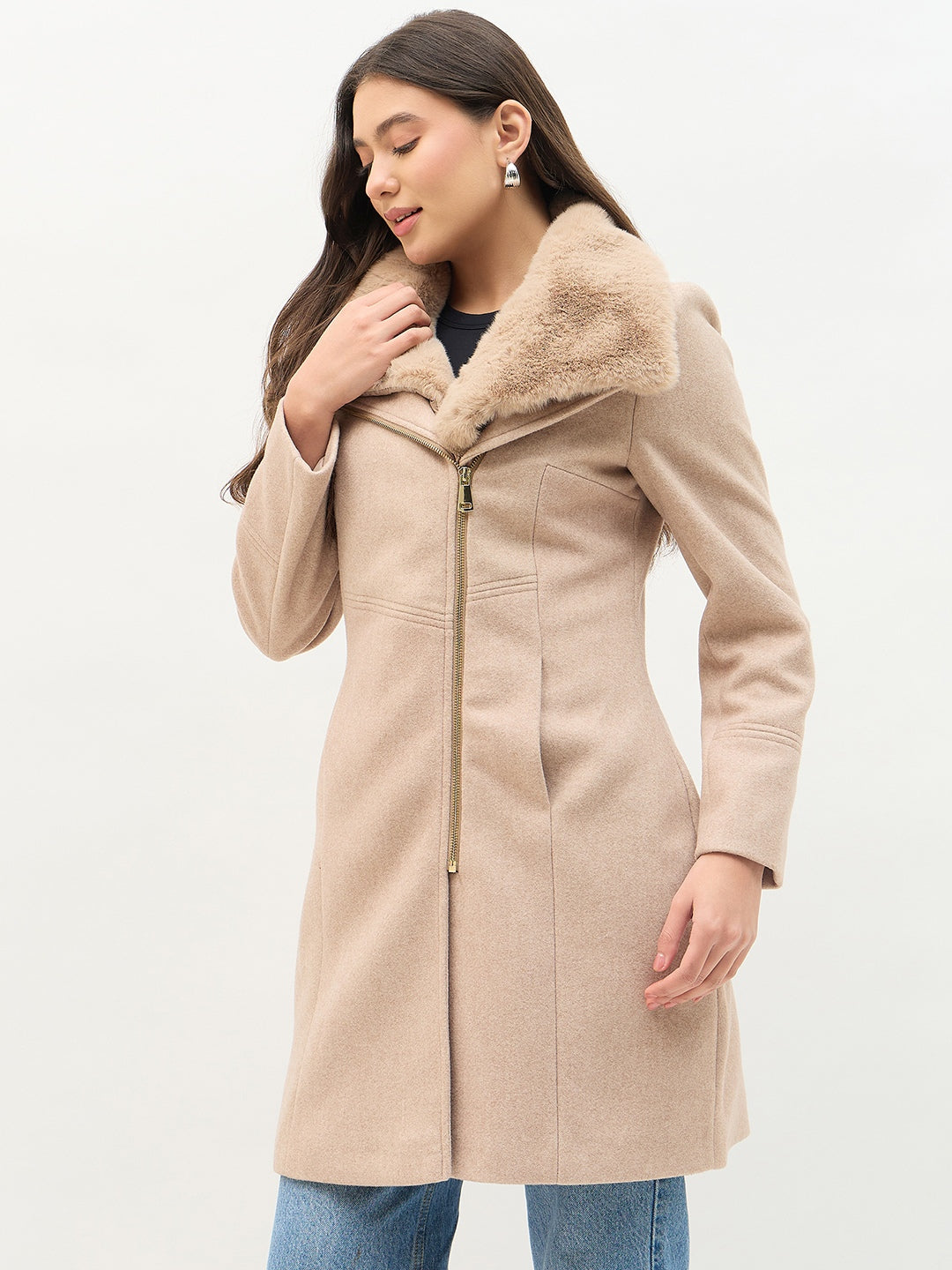 Madame Faux Fur Neckline Beige Long Coat