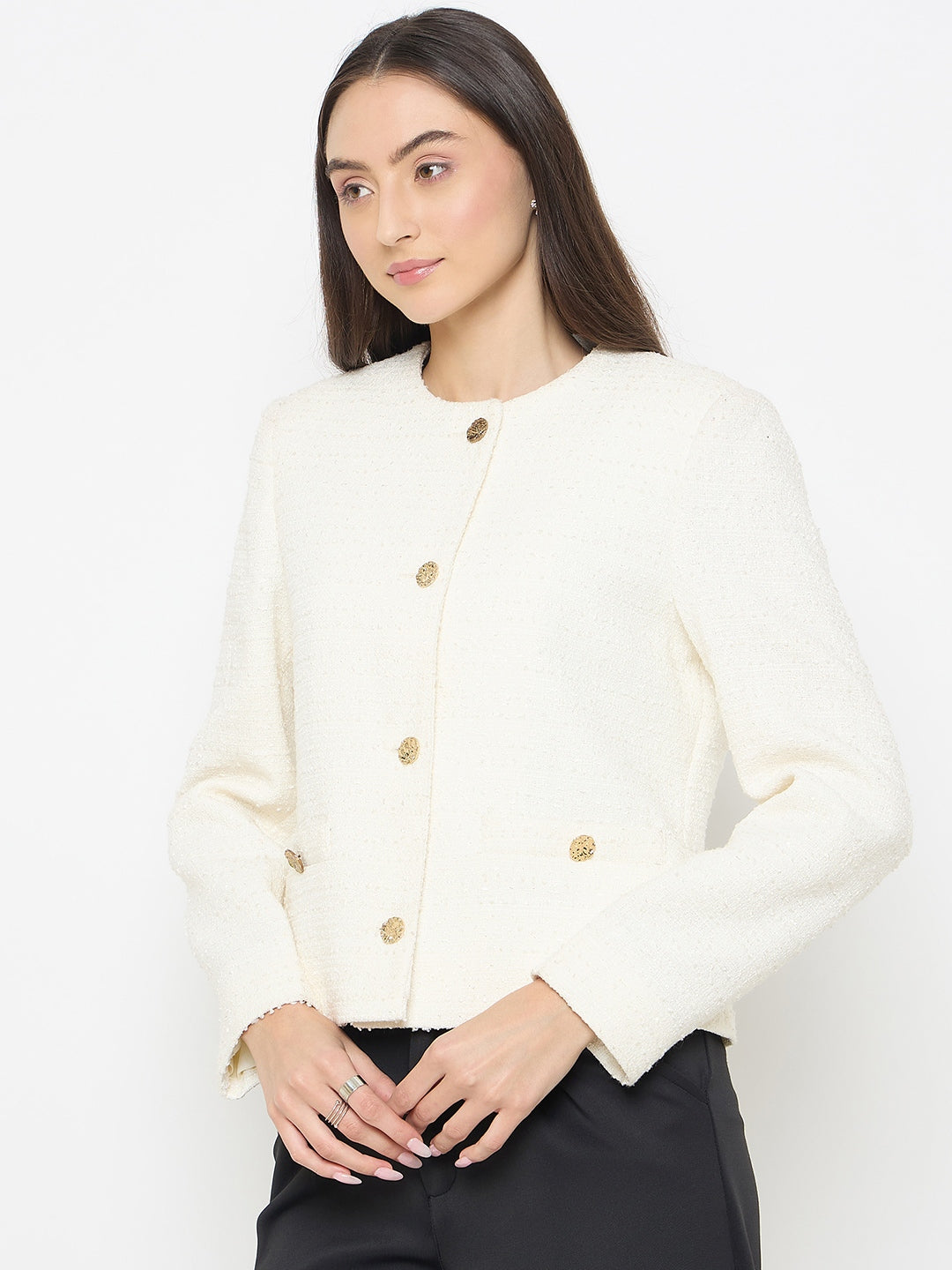 Madame Round Neck Off White Tweed Coat