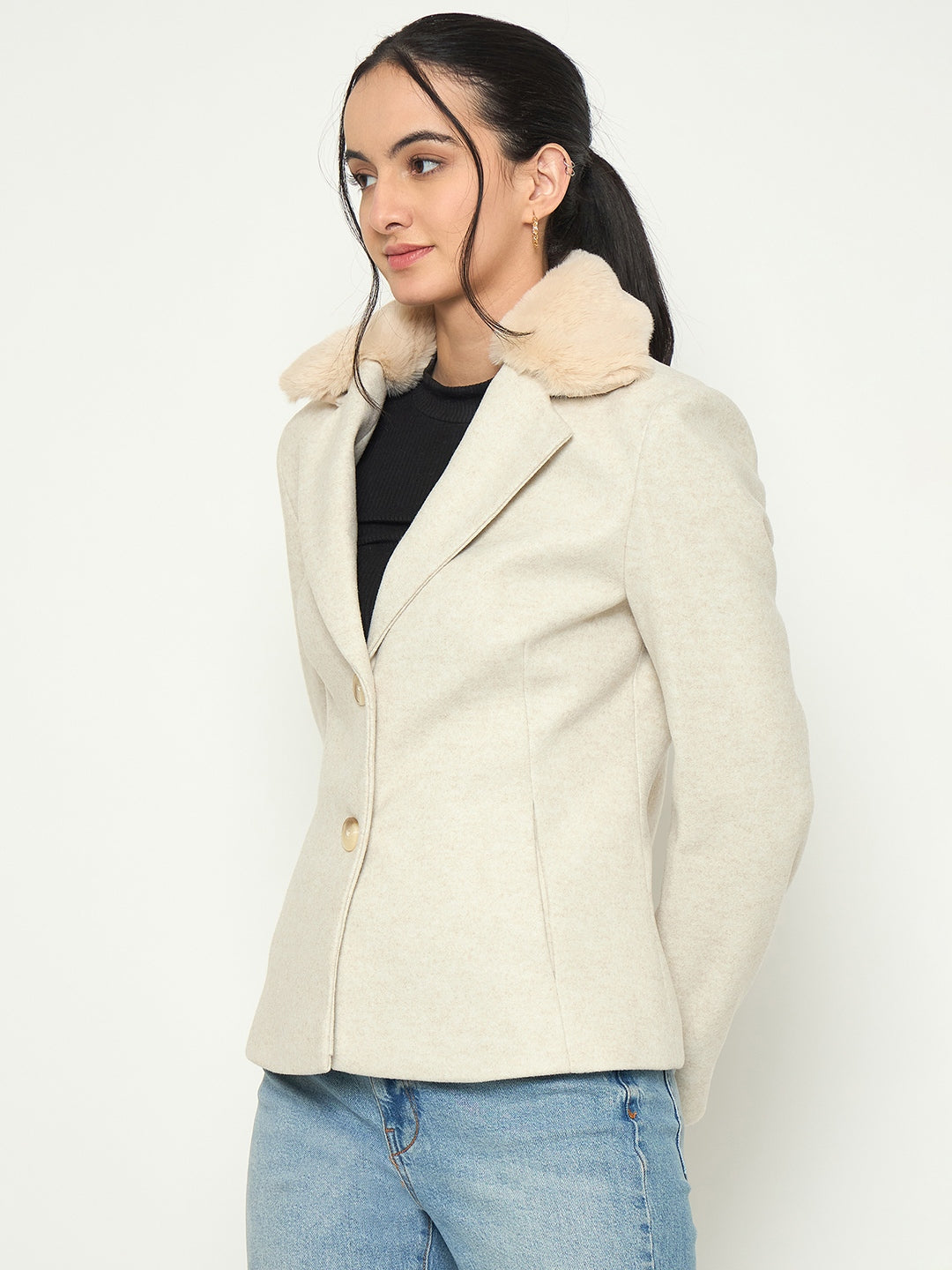 Madame Faux Fur Lapel Notch Collar Beige Blazer