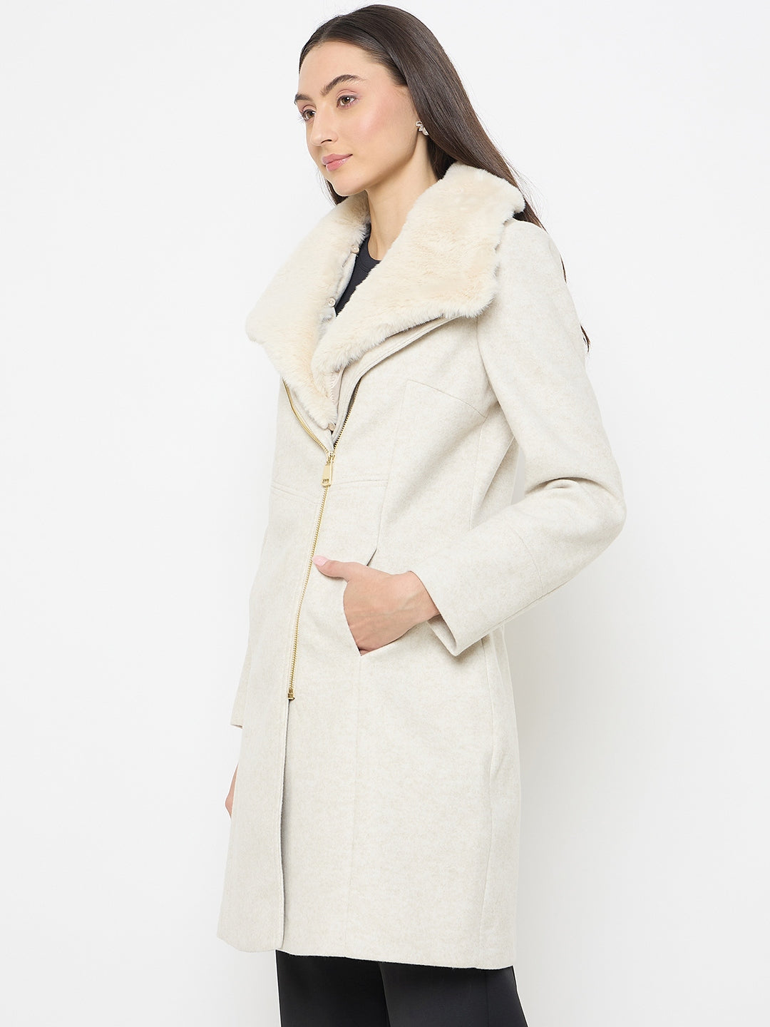 Madame Faux Fur Neckline Off White Long Coat