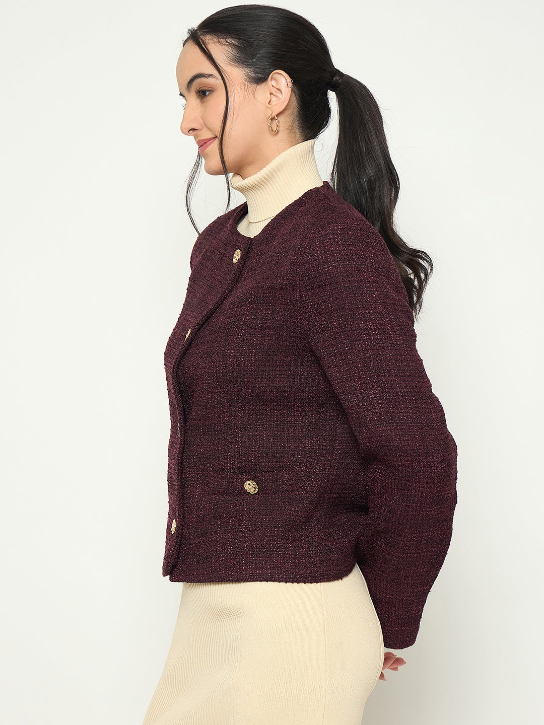 Madame Round Neck Textured Plum Colour Short Coat