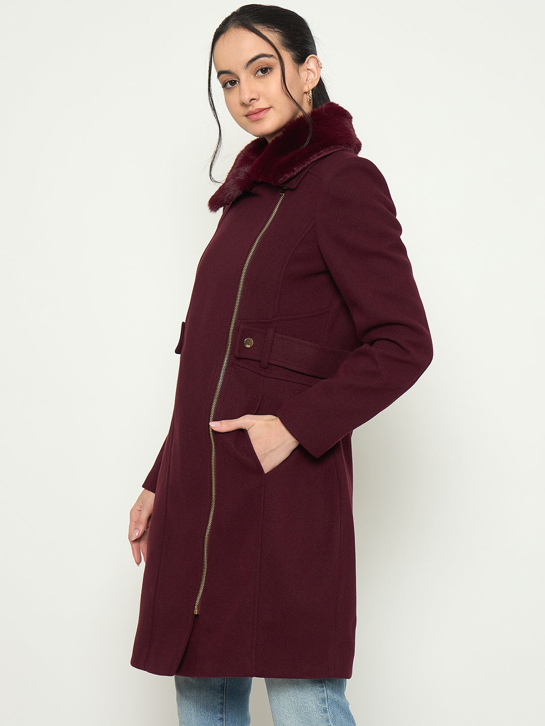 Madame Shirt Collar Maroon Long Coat