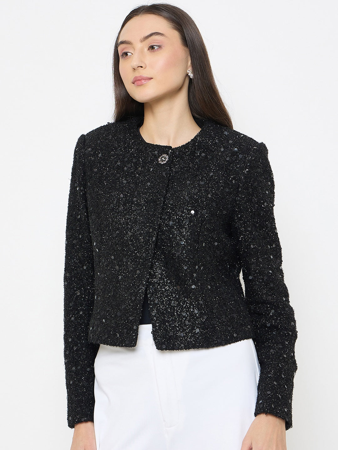 madame Round Neck Tweed Black Blazer