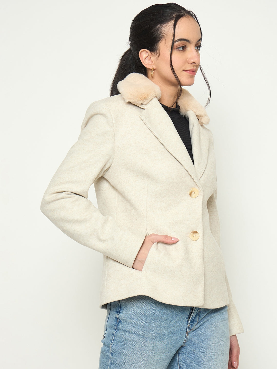 Madame Faux Fur Lapel Notch Collar Beige Blazer
