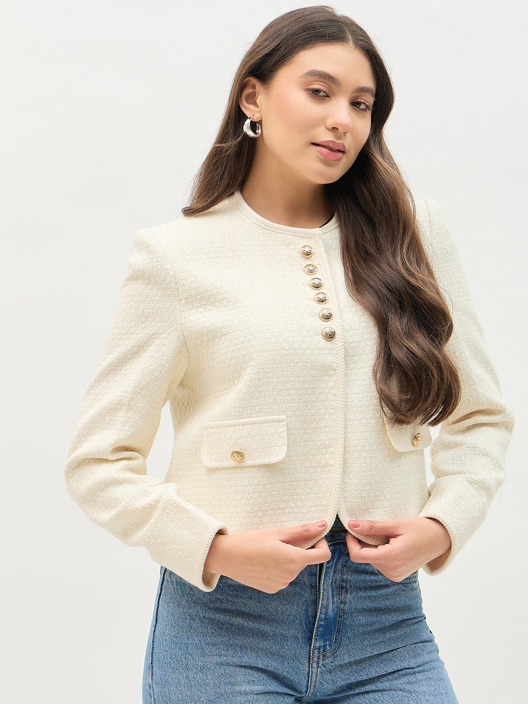 Madame Round Neck Embellished Off White Blazer