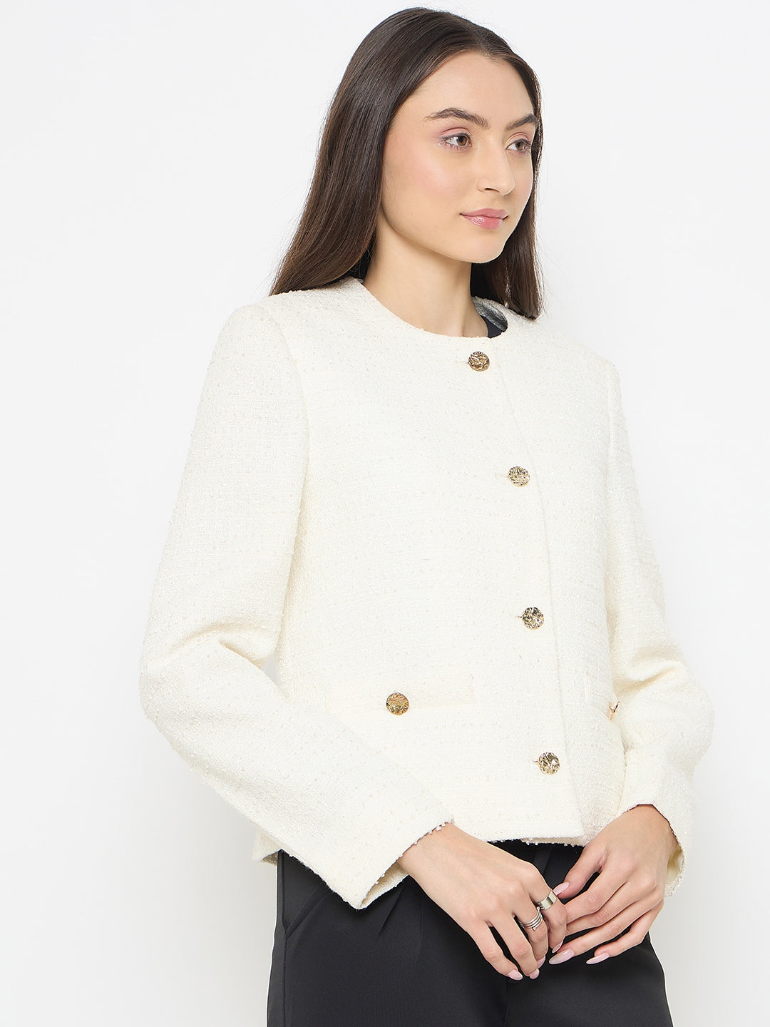 Madame Round Neck Off White Tweed Coat