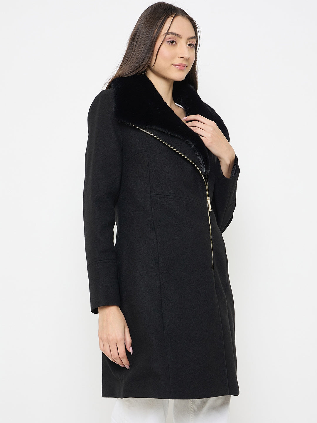 Madame Faux Fur Collar Black Long Coat