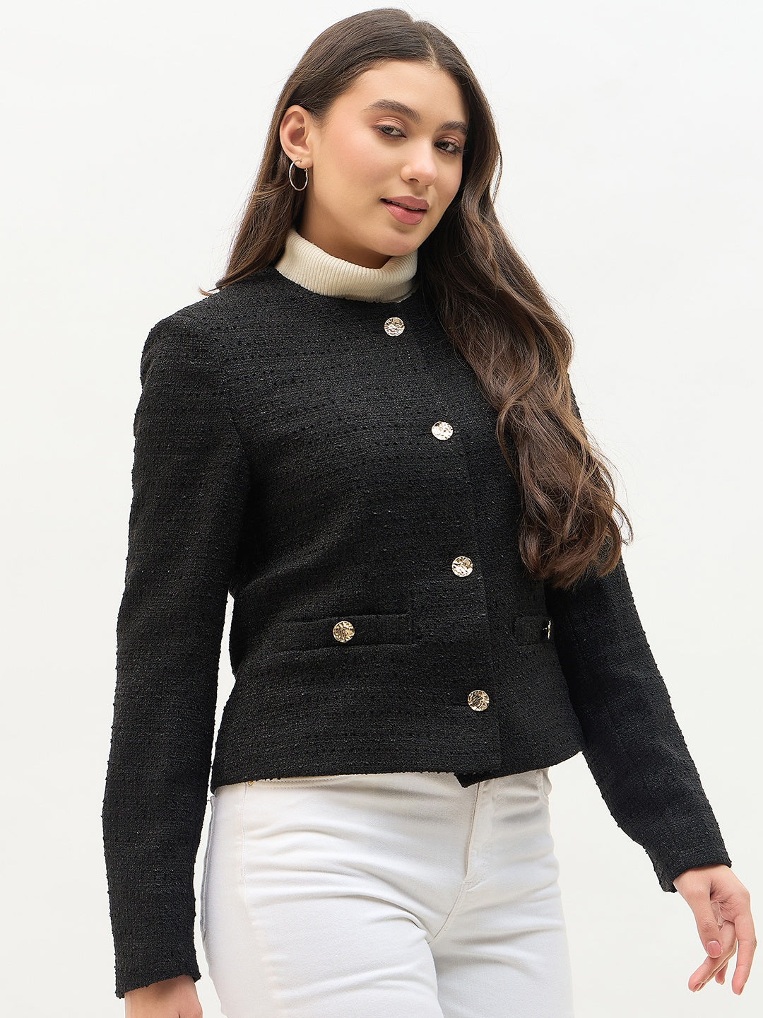 Madame Round Neck Black Textured Short Coat