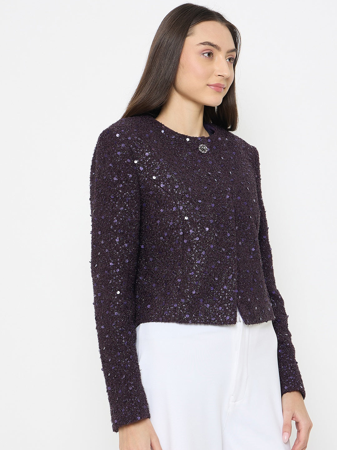 Madame Round Neck Tweed Dark Purple Blazer