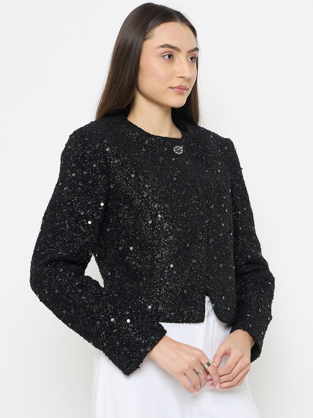 madame Round Neck Tweed Black Blazer