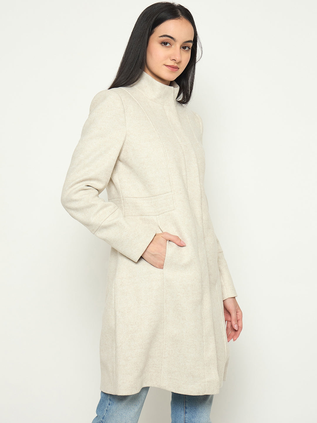 Madame Stand Collar Beige Long Coat