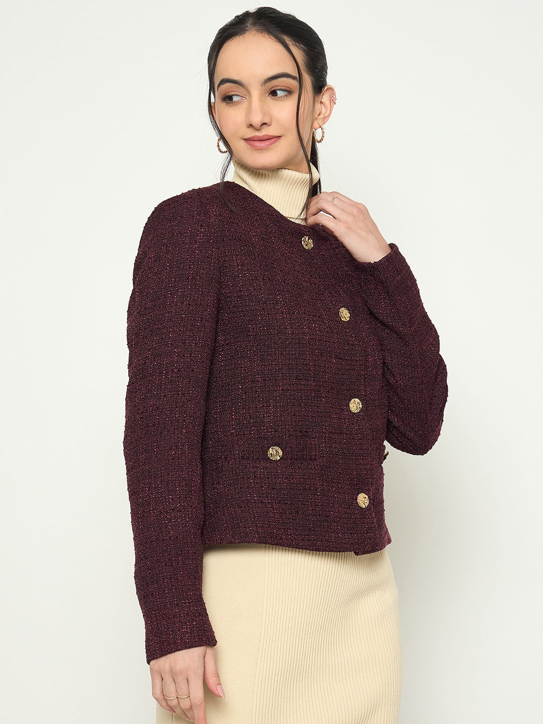 Madame Round Neck Textured Plum Colour Short Coat