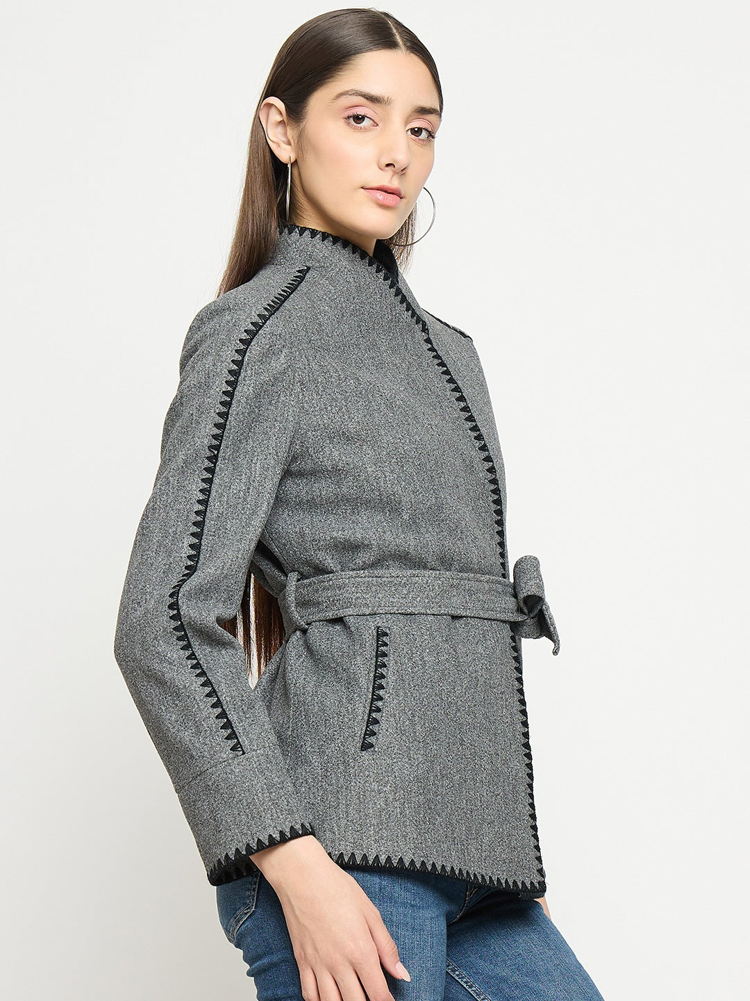 Madame Wrap Style Belted Grey Coat