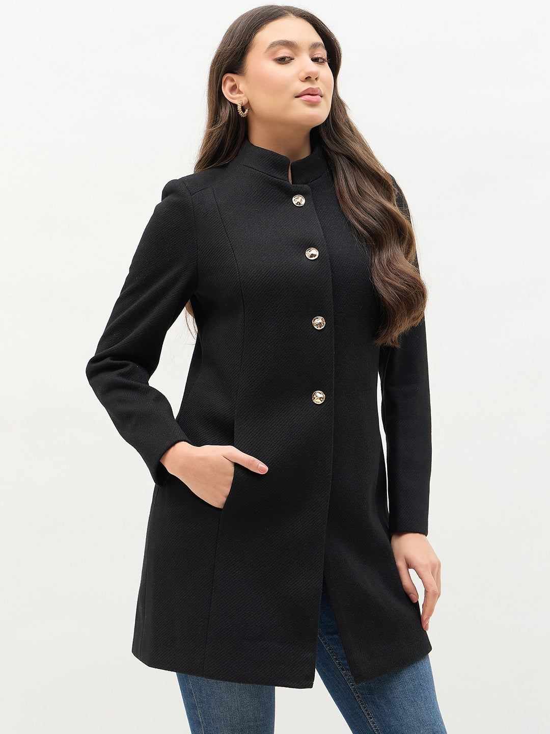 Madame Round Neck Embellished Black Long Coat