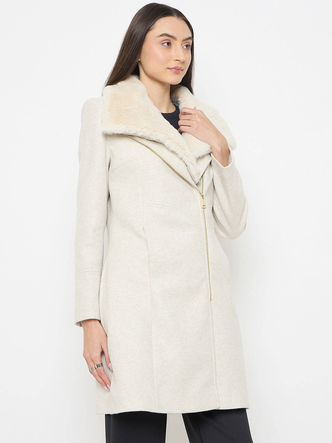 Madame Faux Fur Neckline Off White Long Coat