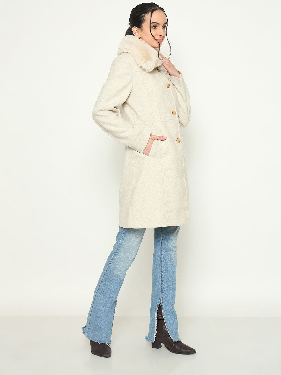 Madame Shirt Collar Beige Long Coat