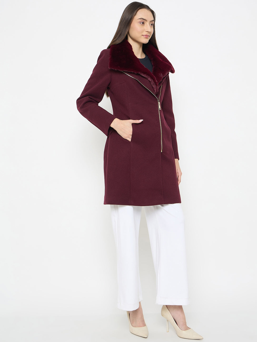 Madame Faux Fur Neckline Maroon Long Coat