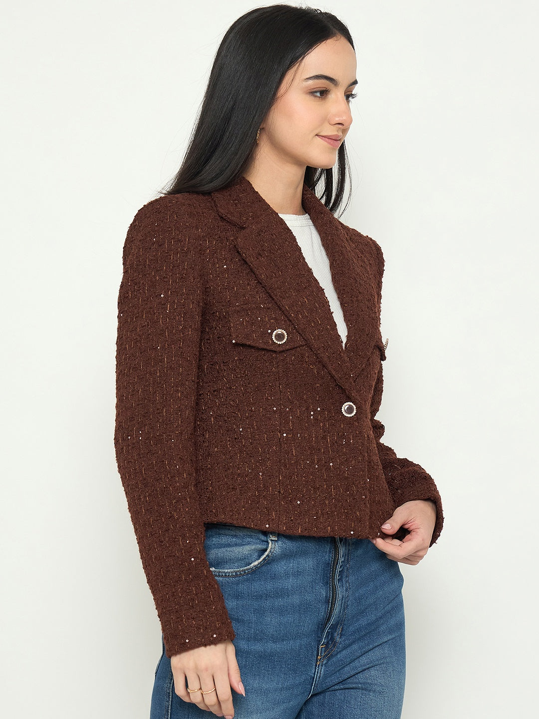Madame Front Flap Pockets Textured Brown Blazer