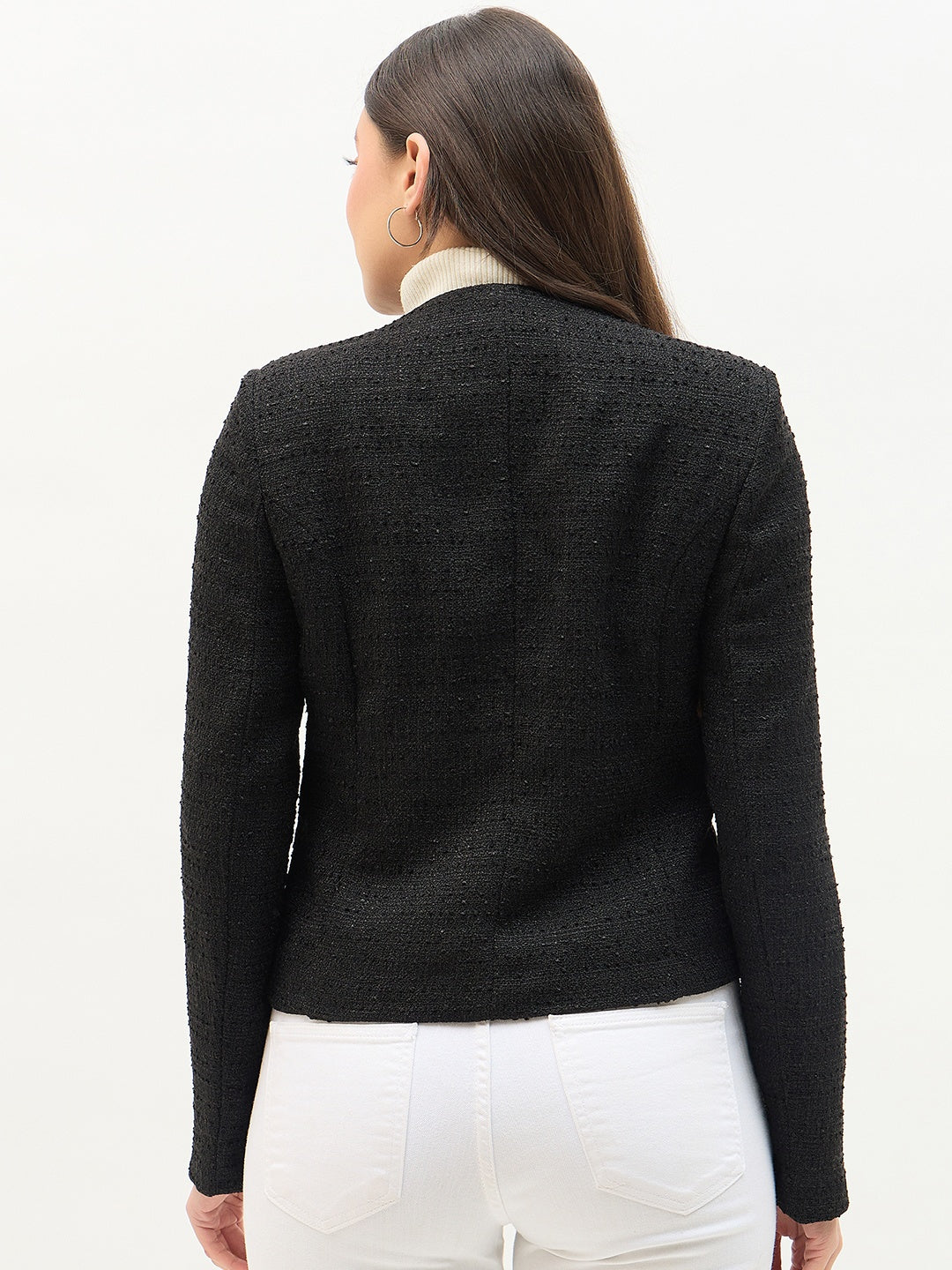 Madame Round Neck Black Textured Short Coat