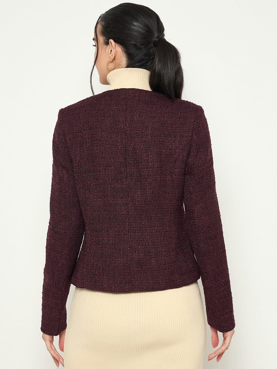 Madame Round Neck Textured Plum Colour Short Coat