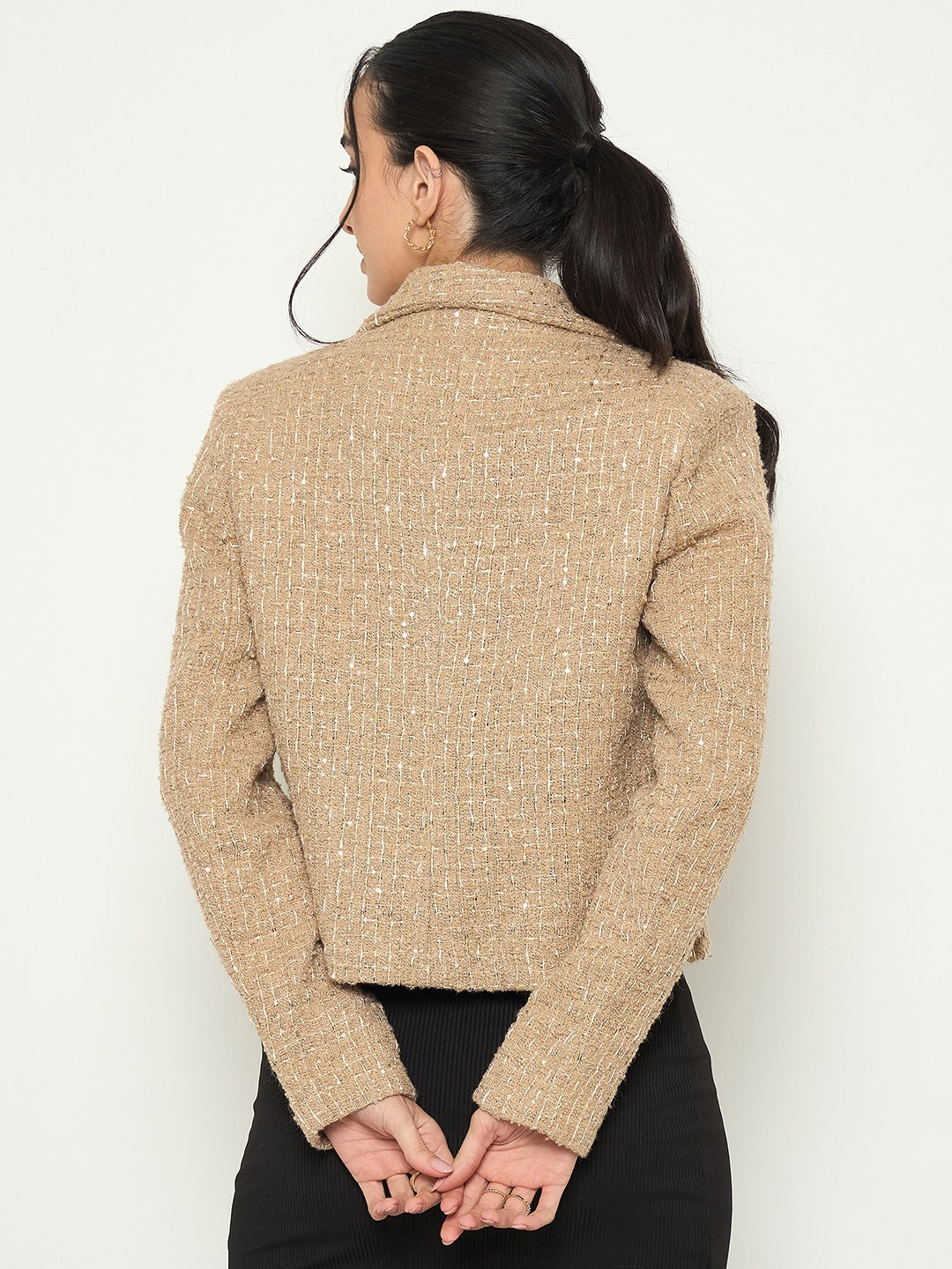 Madame Front Flap Pockets Textured Beige Blazer