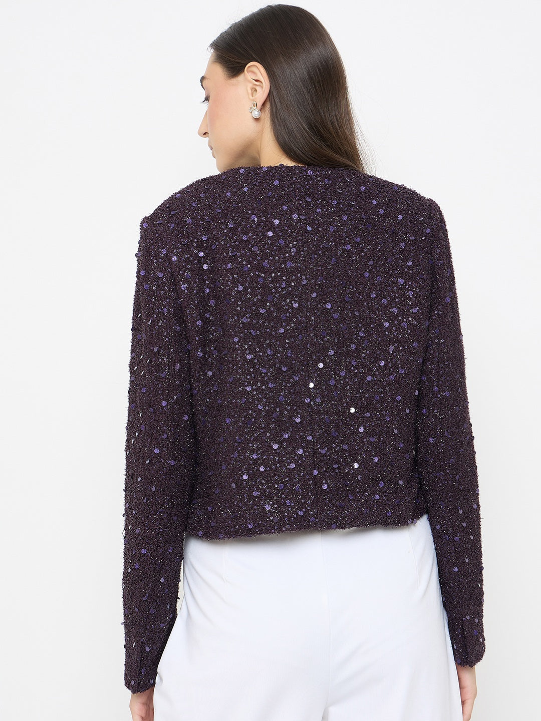 Madame Round Neck Tweed Dark Purple Blazer