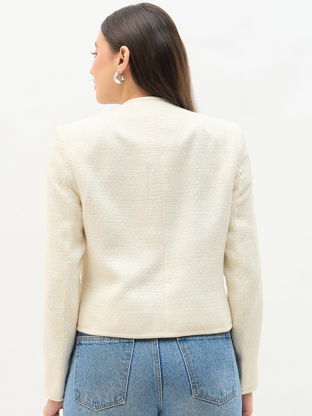 Madame Round Neck Embellished Off White Blazer