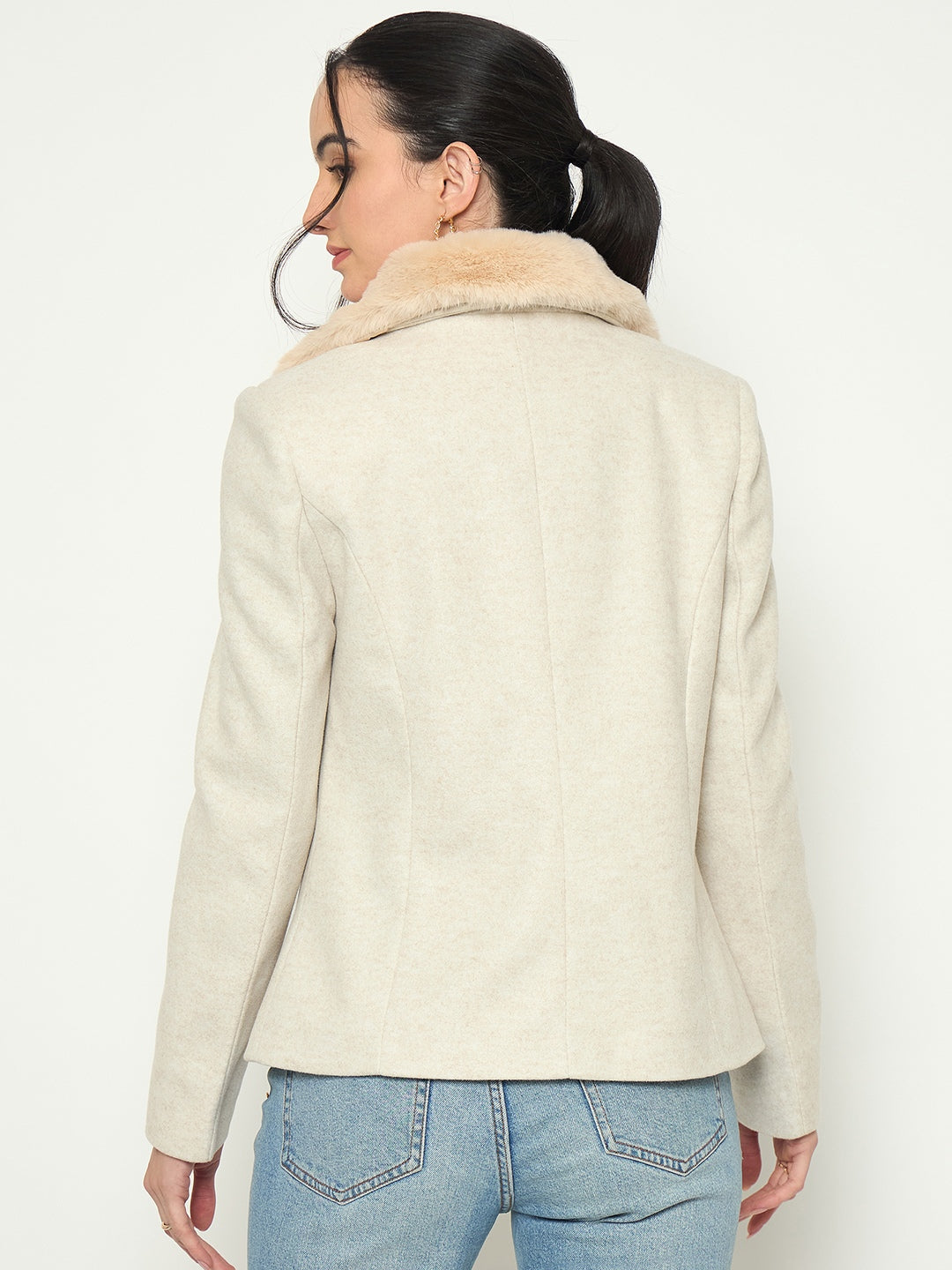 Madame Faux Fur Lapel Notch Collar Beige Blazer