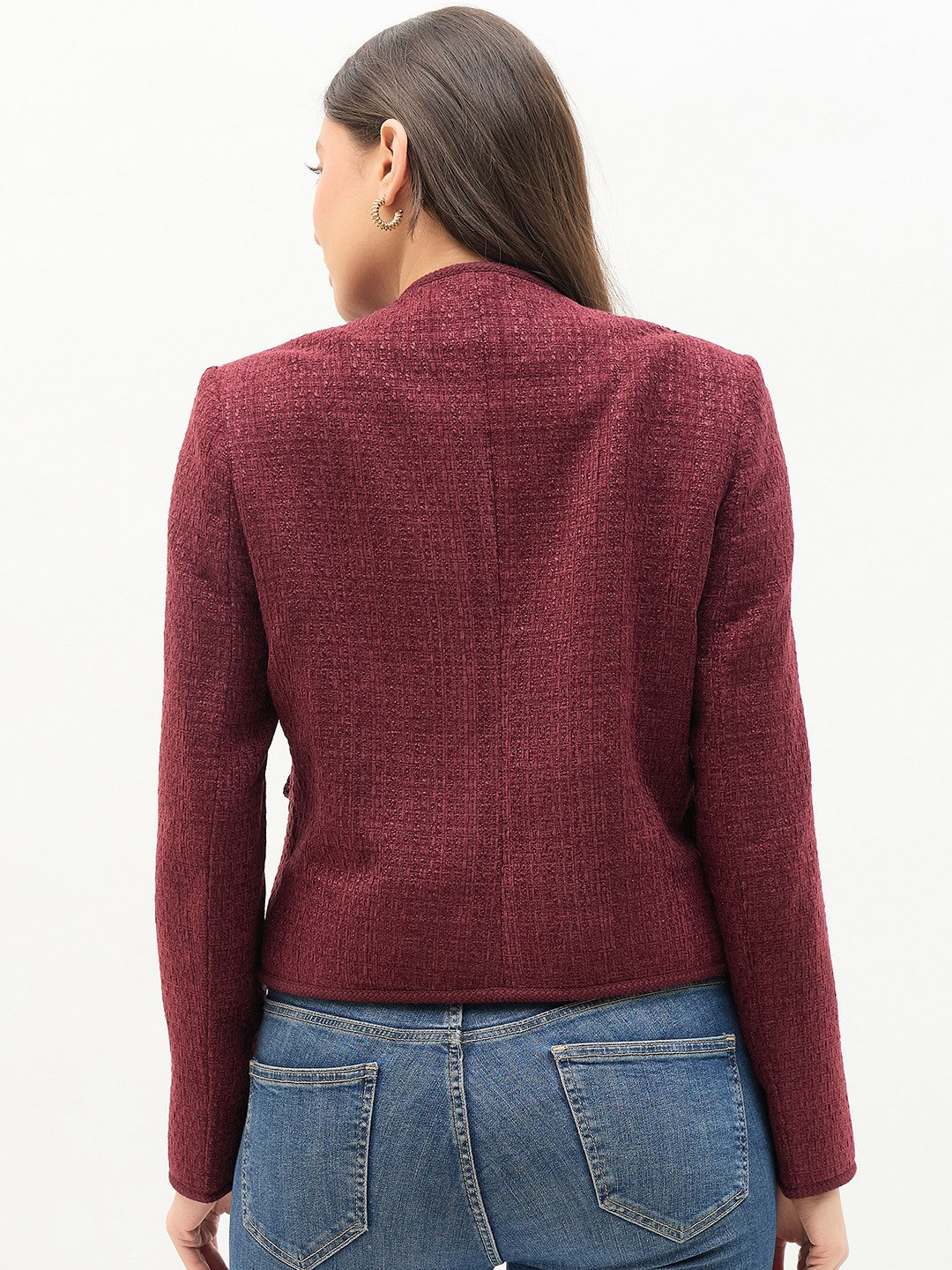 Madame Round Neck Embellished Maroon Blazer
