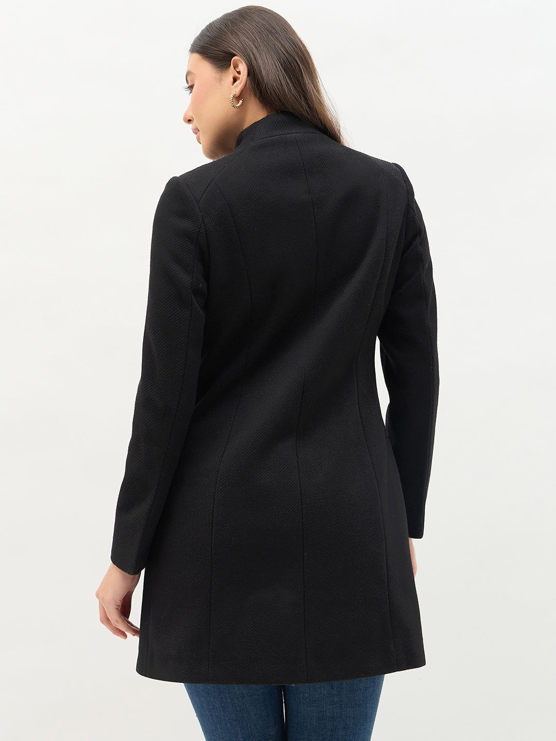 Madame Round Neck Embellished Black Long Coat