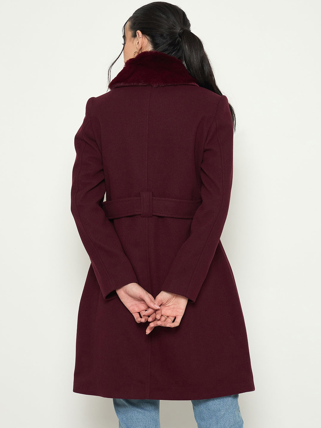 Madame Shirt Collar Maroon Long Coat