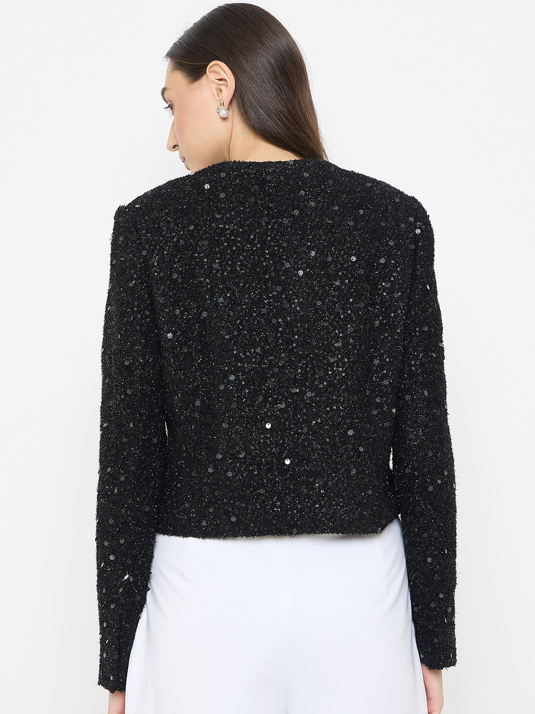 madame Round Neck Tweed Black Blazer