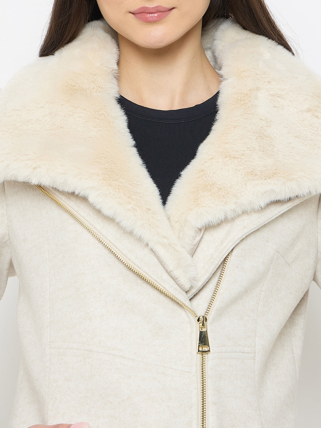 Madame Faux Fur Neckline Off White Long Coat