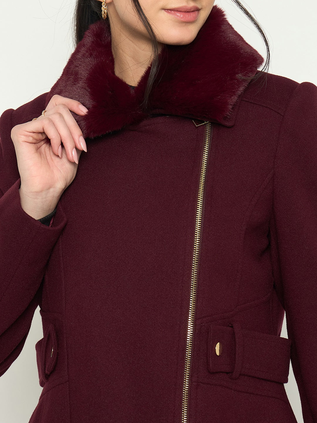 Madame Shirt Collar Maroon Long Coat