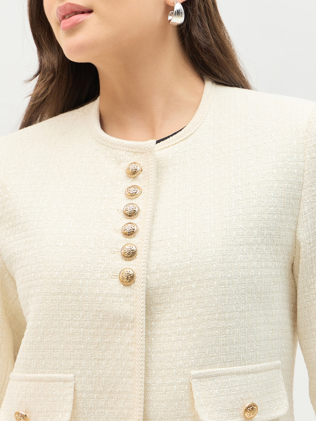 Madame Round Neck Embellished Off White Blazer
