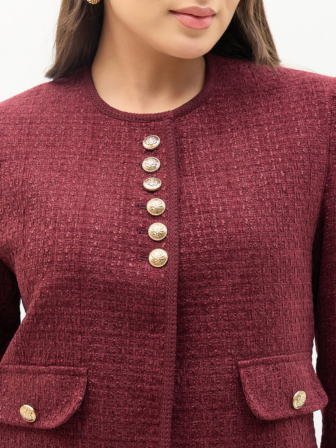 Madame Round Neck Embellished Maroon Blazer