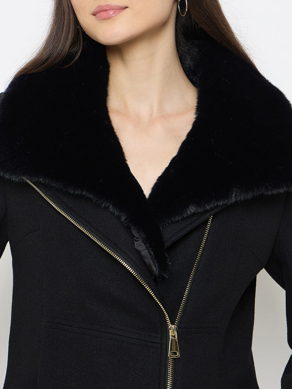 Madame Faux Fur Collar Black Long Coat