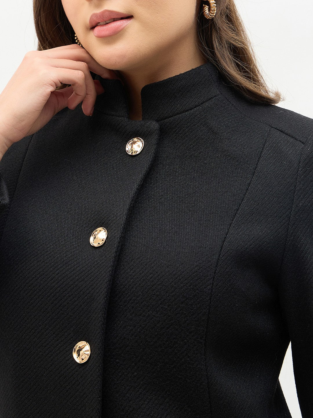 Madame Round Neck Embellished Black Long Coat