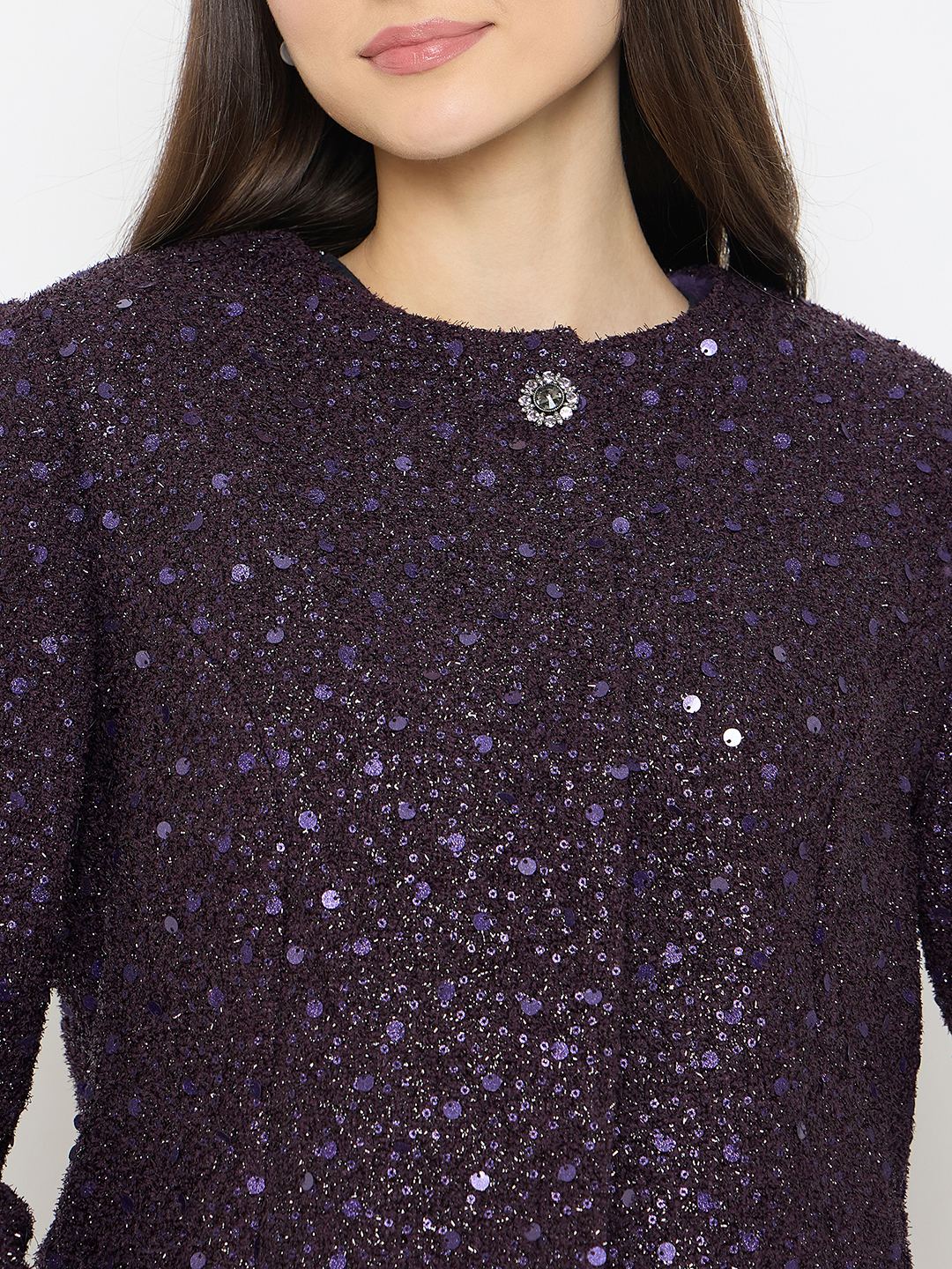 Madame Round Neck Tweed Dark Purple Blazer