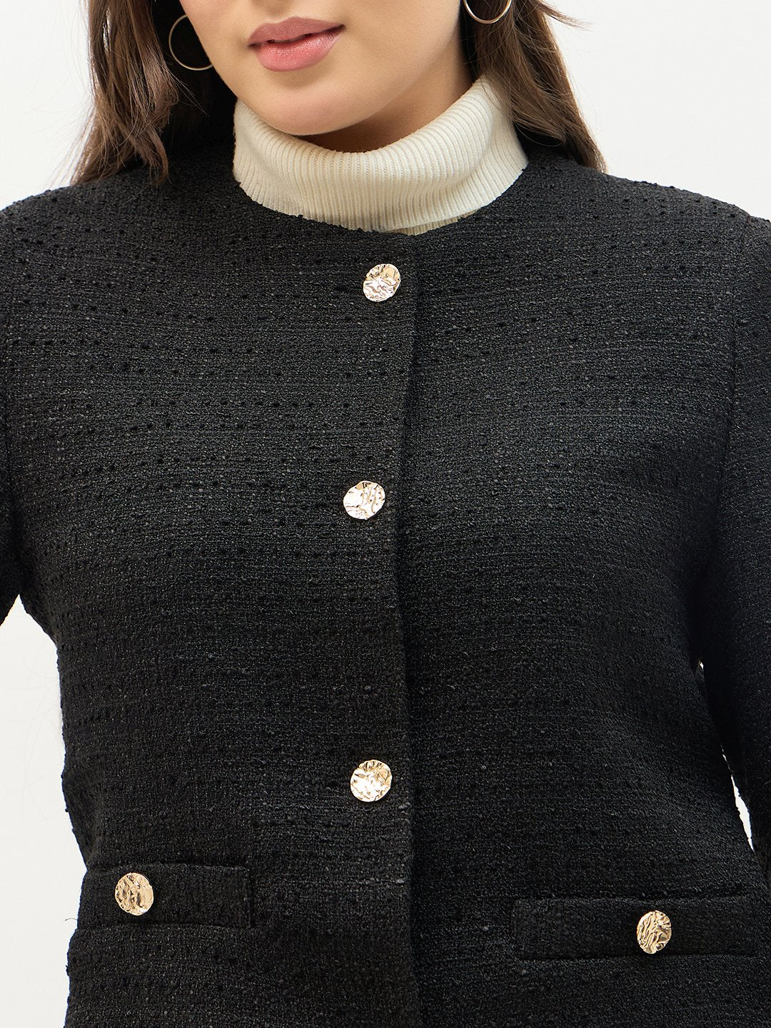 Madame Round Neck Black Textured Short Coat