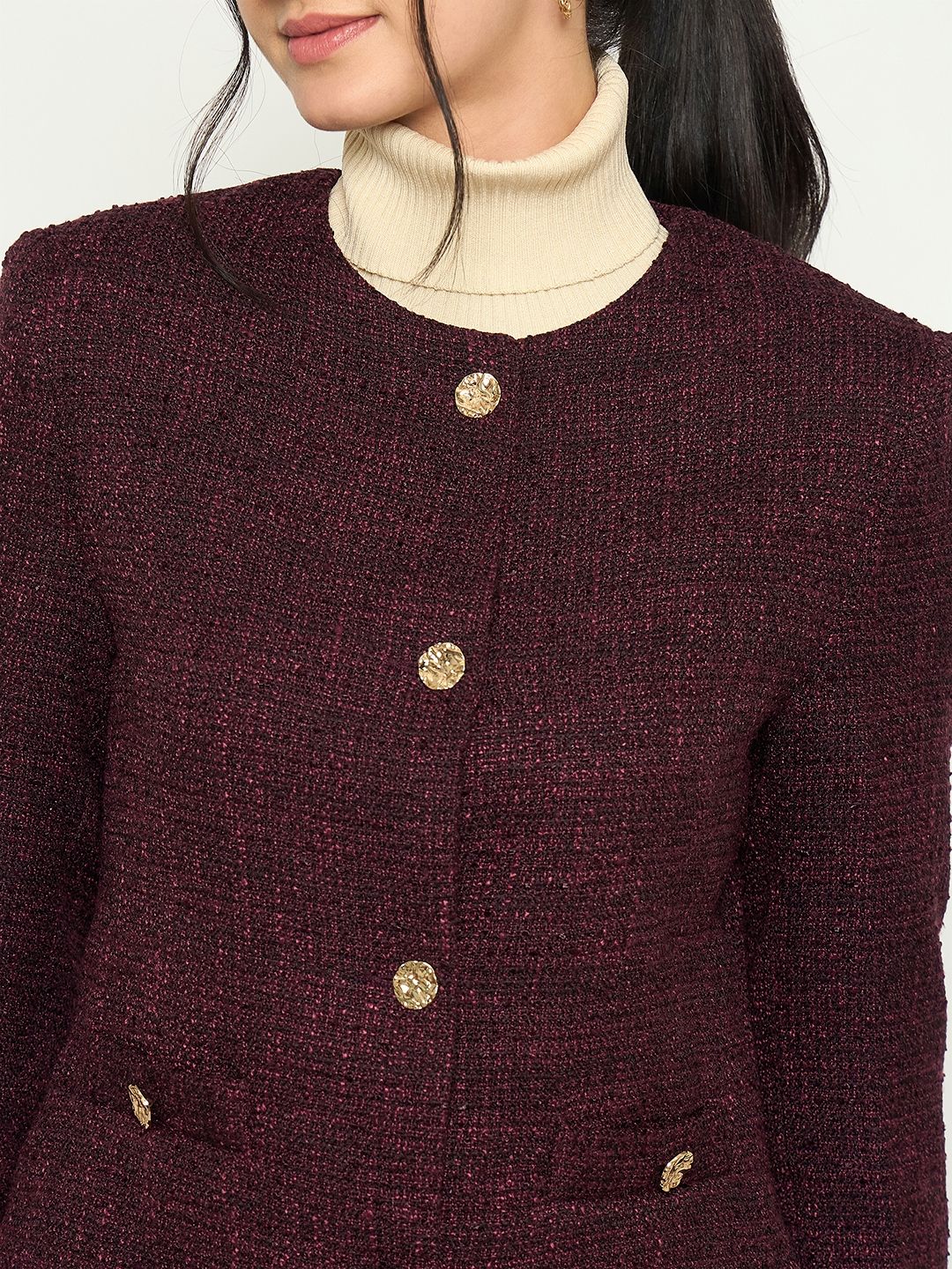 Madame Round Neck Textured Plum Colour Short Coat