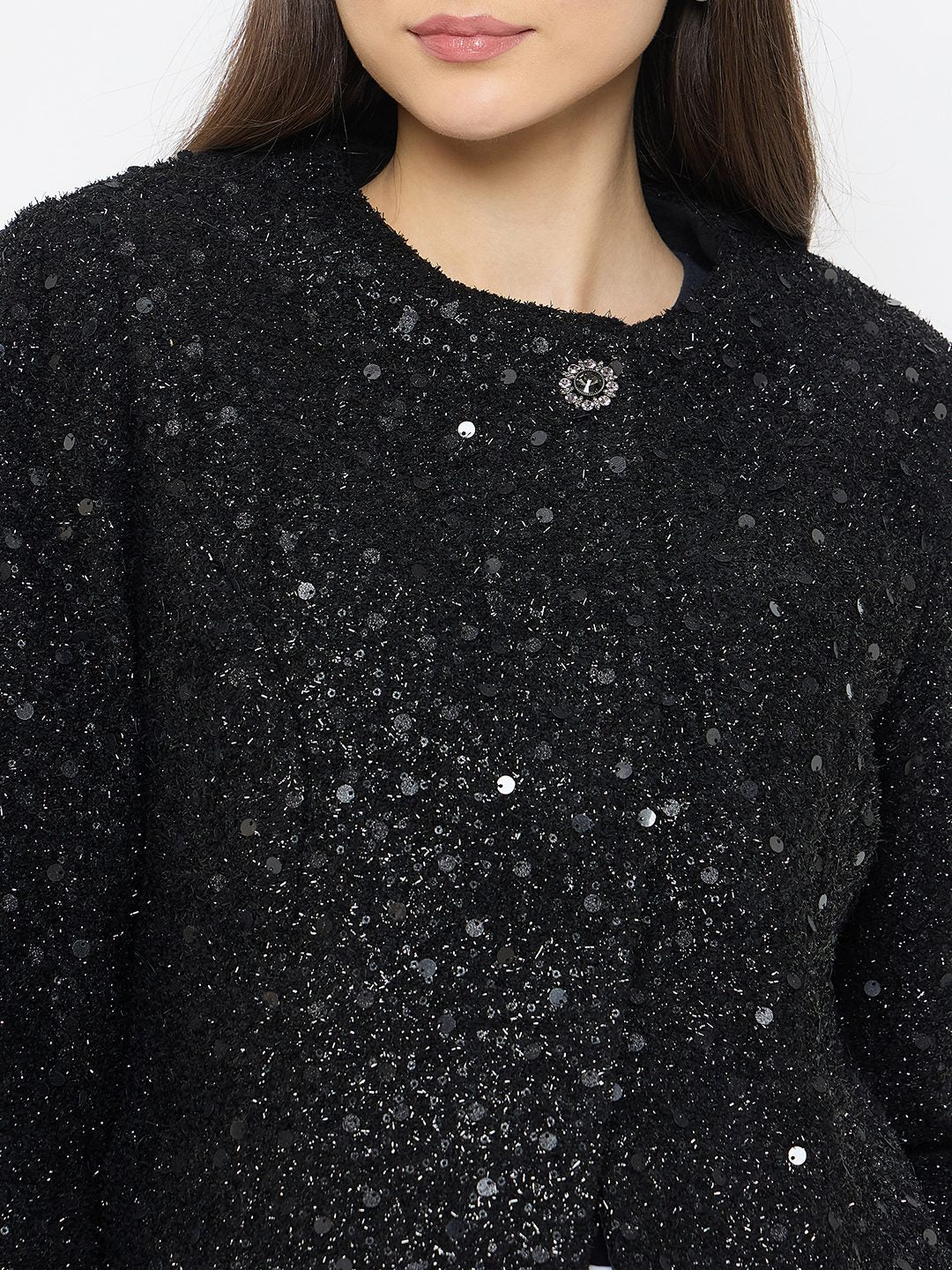 madame Round Neck Tweed Black Blazer