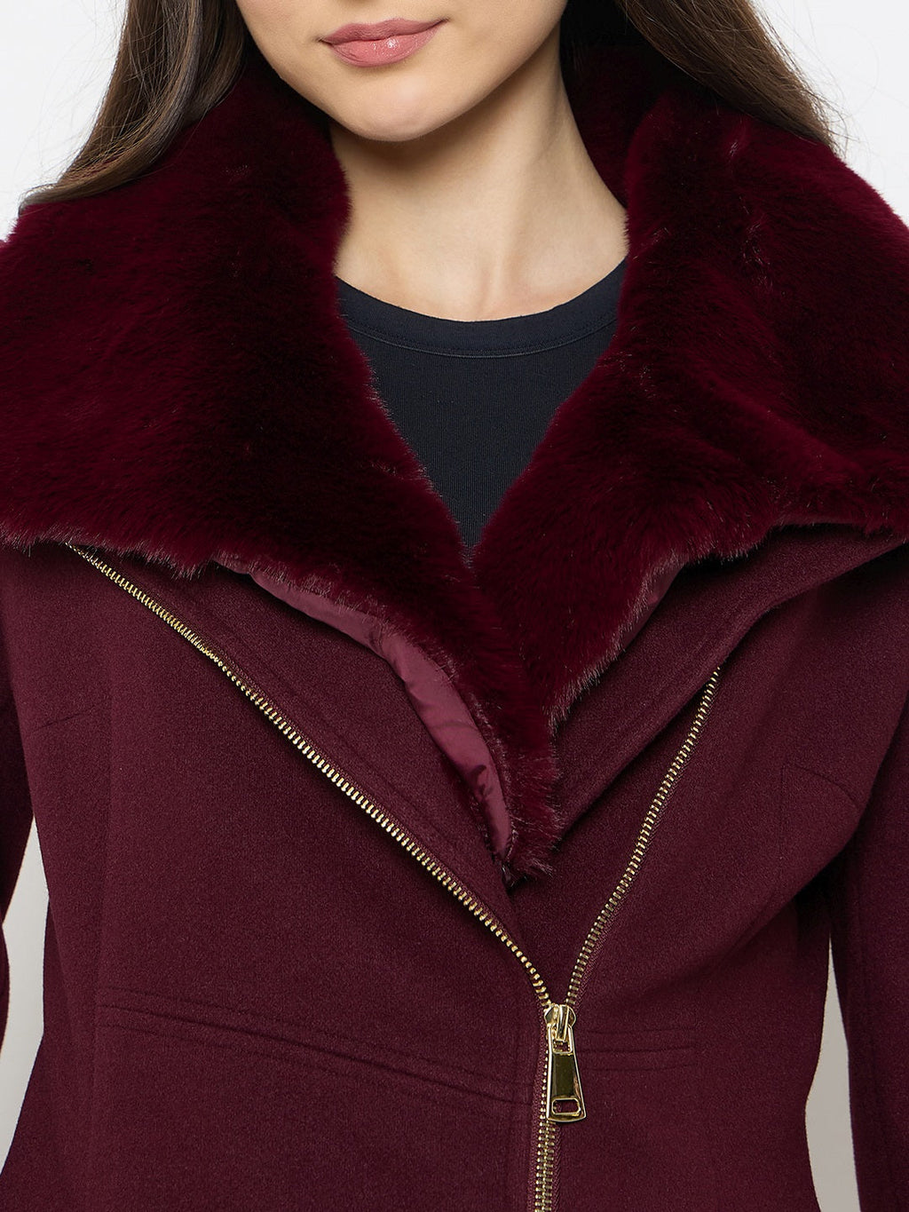 Madame Faux Fur Neckline Maroon Long Coat