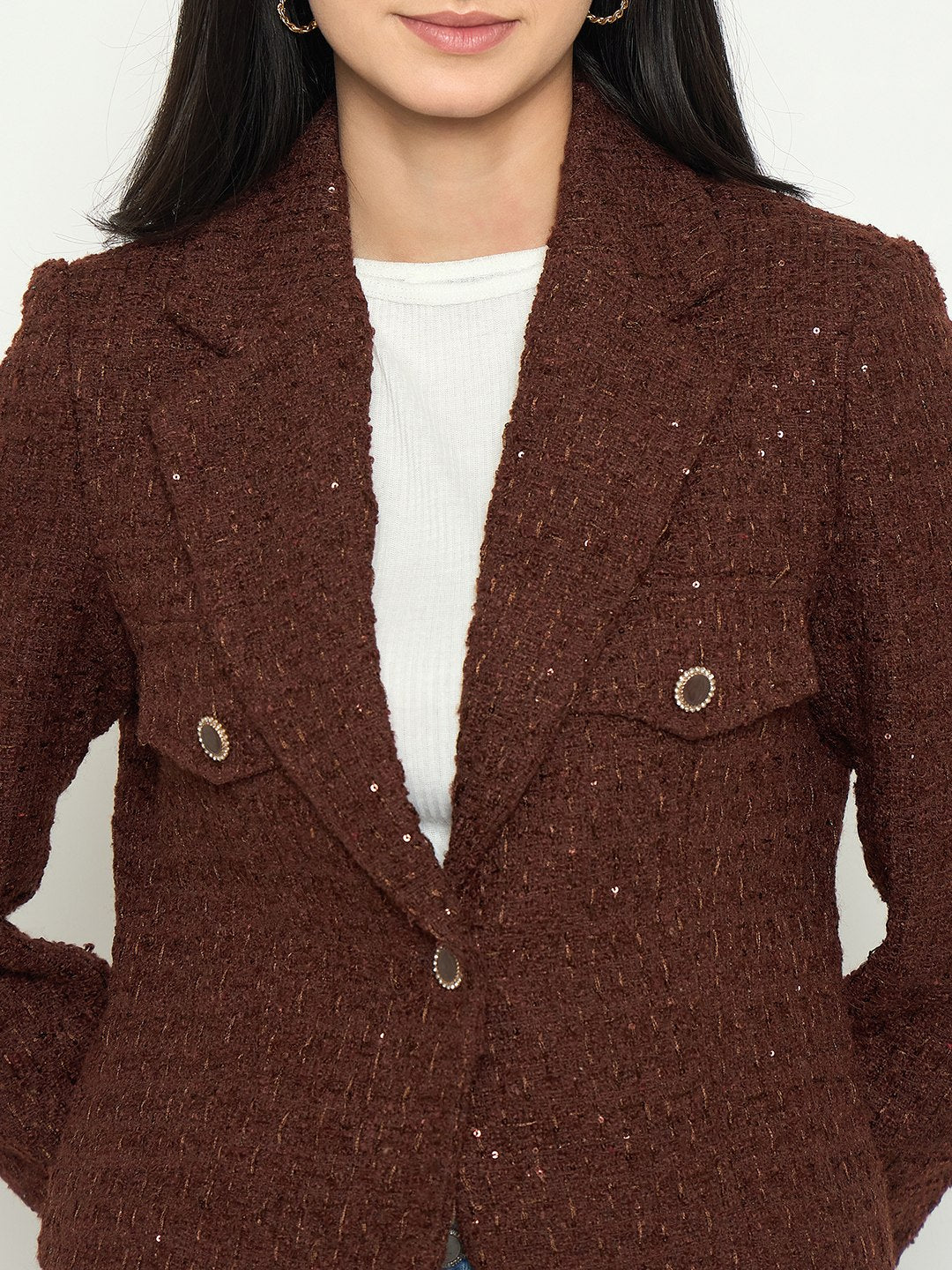 Madame Front Flap Pockets Textured Brown Blazer