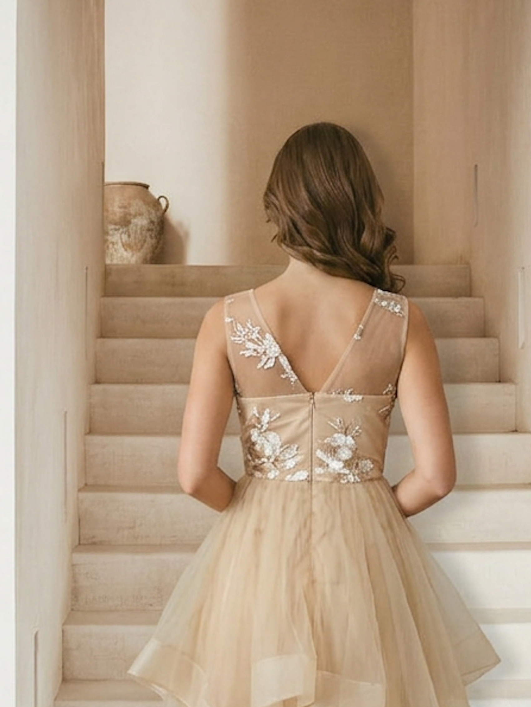 V Neck Embroidered Dip Hem Midi Dress in Beige